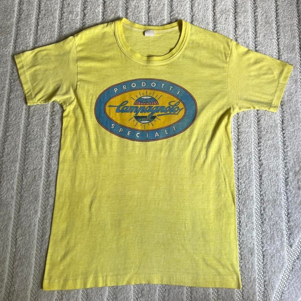 VTG 80s Yellow Campagnolo T-shirt size small single stitch retro cycling